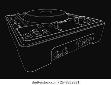 A sleek black and white 3D model of a DJ mixer with a modern design, featuring vinyl-style controls and a sampler interface. The CD player sits on a dark background, emphasizing its clean lines