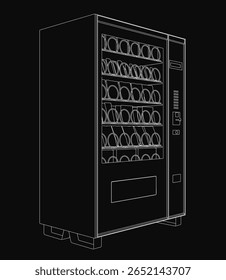 A sleek black and white 3D model of a modern beverage vending machine stands out against a dark background. The detailed drawing features clear compartments for snacks and drinks.