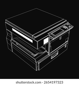 Un elegante modelo 3D en blanco y negro de una fotocopiadora moderna con un acabado brillante, panel de control detallado y varios Botones. El diseño minimalista destaca sobre el fondo oscuro.