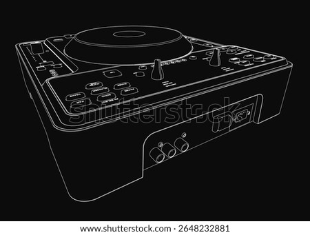 A sleek black and white 3D model of a DJ mixer with a modern design, featuring vinyl-style controls and a sampler interface. The CD player sits on a dark background, emphasizing its clean lines