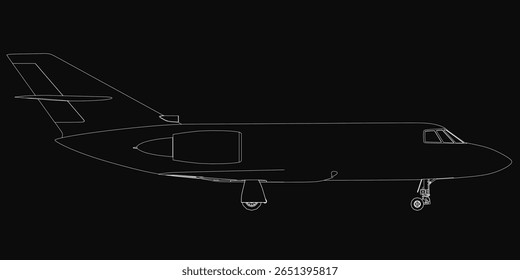Um elegante desenho em preto e branco se destaca com contornos brancos nítidos contra um fundo escuro. O design minimalista destaca a silhueta da aeronave com contraste impressionante.