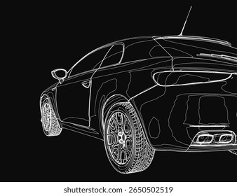 A sleek black and white car illustration with detailed curves and sharp lines stands out against a solid black background. The high-contrast design highlights the vehicle's elegant silhouette.