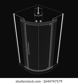 A sleek black and white drawing of a modern corner shower cabin with a curved design and glossy finish. The portable enclosure features a side handle for easy movement, set against a sophisticated.