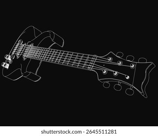 A sleek black and white electric guitar with a glossy finish and white pickguard stands out against a dark background. The rosewood fretboard, chrome tuning pegs