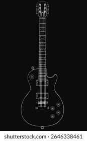Uma guitarra elétrica preto e branco elegante com um acabamento brilhante e pickguard branco, com um pescoço curvo.
