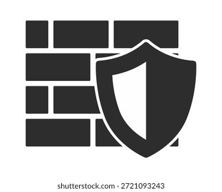 Un elegante icono en blanco y negro con un escudo superpuesto a una pared, que simboliza la seguridad y la protección.
