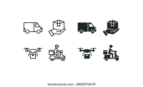 A sleek black and white icon set showcasing various delivery methods including delivery trucks, drones, motorbikes, and hand delivery. Perfect for e-commerce, logistics, and transportation themes.