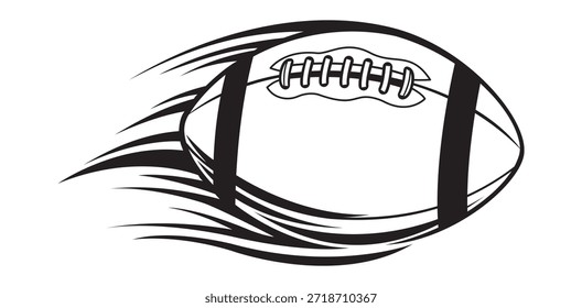 A sleek, black and white illustration captures an American football in dynamic motion, depicted with speed lines suggesting rapid flight. This energetic graphic embodies the excitement and power of the sport, ideal for various design projects.