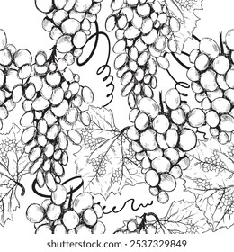 A sleek black and white illustration of detailed grapes and leaves, ideal for enhancing winethemed designs. Hand drawn vector black-and-white graphics in line art for printing on paper and fabric.