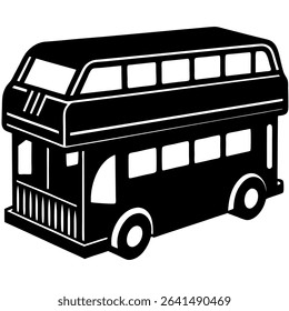 A sleek black and white illustration presents a double decker bus in a minimalist style. This vector graphic depicts the iconic London bus as a silhouette,