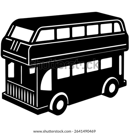 A sleek black and white illustration presents a double decker bus in a minimalist style. This vector graphic depicts the iconic London bus as a silhouette,