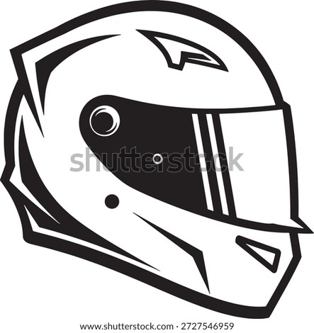A sleek black and white illustration of a racing helmet featuring a bold visor, angular contours, and ventilation details. This stylized icon represents high-speed safety gear used in motorsports and competitive driving. Ideal for use in racing-themed designs, automotive apps, safety awareness visuals, and user interface elements. Its minimalist design ensures clarity and versatility across digital and print platforms.
