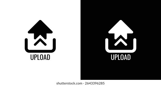 A sleek black and white illustration showcases the universal upload icon paired with the word UPLOAD, presented in both positive and negative image versions.