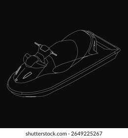 Um elegante desenho de esqui a jato preto e branco destaca-se em um fundo escuro com contornos brancos nítidos. O projeto de trotinette de água exala velocidade e modernidade. O estilo minimalista realça a dinâmica.