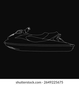 A sleek black and white jet ski drawing stands out with crisp white outlines against a dark background. The minimalist design highlights the water scooter's dynamic shape and motion.