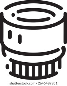 Sleek Black and White Line Art Illustration of a Camera Lens with Detailed Grooves and a Circular Body