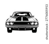 A sleek black and white line drawing of a vintage muscle car facing forward, showcasing its iconic front grille and round headlights for a bold, nostalgic automotive design.