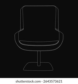 A sleek black and white line drawing of a modern swivel chair with a curved backrest, tapered legs, and neutral upholstered seat. The armrests and ergonomic design enhance comfort.