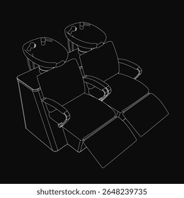 Um elegante desenho em linha preta e branca de uma moderna cadeira de salão com encosto curvo e braços, emparelhado com uma mesa retangular. As cadeiras estão dispostas em um semicírculo ao redor da mesa