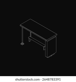A sleek black and white line drawing of a modern desk with a rectangular top and four straight legs. The clean outlines create a minimalist aesthetic, perfect for urban or office themes.