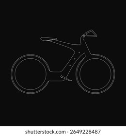 Un elegante dibujo de líneas en blanco y negro de una bicicleta moderna se destaca sobre un fondo oscuro. El diseño minimalista destaca los contornos limpios y la simplicidad geométrica. Perfecto para temas urbanos.