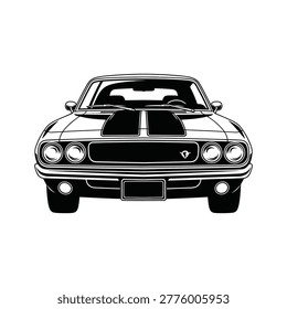 A sleek black and white line drawing of a vintage muscle car facing forward, showcasing its iconic front grille and round headlights for a bold, nostalgic automotive design.