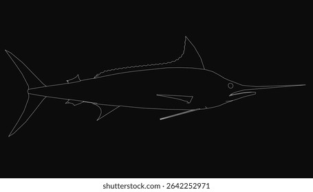 Uma elegante ilustração de peixe de espadim preto e branco com bico afiado e alongado, escamas detalhadas e curvas dinâmicas, em um fundo escuro.