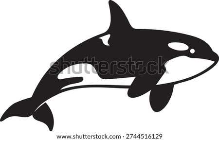  Sleek black and white orca killer whale in side profile silhouette. Ideal for marine parks, ocean brands, aquarium logos, and water sports companies.