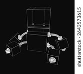 A sleek black and white robot with a metallic body, large round eyes, and sharp teeth stands surrounded by various cubes. The modern design features two arms and two legs, while the solid black.