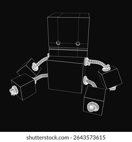 A sleek black and white robot with a metallic body, large round eyes, and sharp teeth stands surrounded by various cubes. The modern design features two arms and two legs, while the solid black.