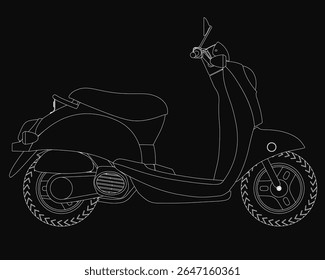 Uma elegante scooter preto e branco destaca-se contra um fundo escuro com acentos brancos nítidos. O design moderno apresenta guidões detalhados, um assento liso e rodas elegantes.