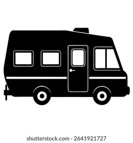 A sleek black and white silhouette portrays a recreational vehicle (RV), perfect for unforgettable camping adventures and exciting road trips.