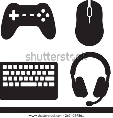 A sleek, black and white silhouette vector depicts essential gaming equipment. This dynamic design features a detailed illustration of a game controller, mouse, keyboard, and headset.