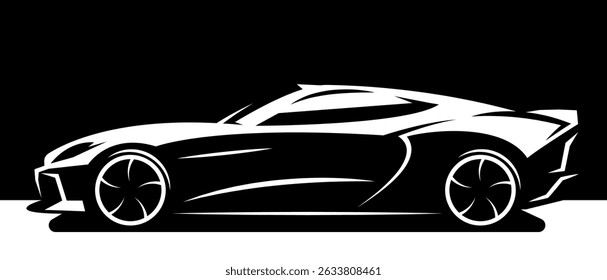 Sleek black and white sports car silhouette with dynamic design and sharp lines.