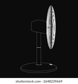 A sleek black and white table fan with curved blades and a round base stands on a dark background, casting a warm glow. The modern design creates a cozy atmosphere while providing cooling comfort.
