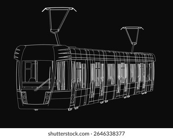 A sleek black and white tram illustration stands out against a dark background, featuring intricate details of its streamlined design. The passenger train's smooth curves and precise lines
