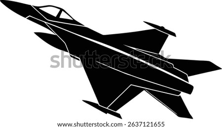 A sleek, black and white vector graphic depicts a jet fighter airplane in ascent, showcasing speed and power. This monochrome illustration is ideal for military, air force, or aviation themed logos.
