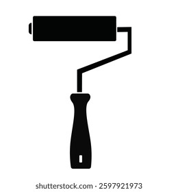 A sleek black and white vector icon of a paint roller, featuring a simple, clean design. The roller is angled, with a curved handle, symbolizing painting, renovation, or design tools.