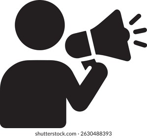 A sleek black and white vector icon depicts a person confidently holding a megaphone, a powerful visual for communication and announcement concepts. 