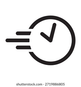 Un elegante ícono de Vector en blanco y negro que representa una esfera del reloj con una marca de verificación en el interior, junto con líneas de velocidad que se originan en su lado izquierdo. Este gráfico simboliza perfectamente conceptos como tiempo rápido, procesamiento rápido, servicio eficiente, entrega rápida y finalización oportuna. Es ideal para ilustrar la velocidad, la productividad, la rapidez y los plazos cumplidos en interfaces digitales, presentaciones o gráficos informativos.