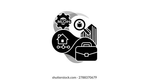 A sleek black and white vector icon set showcasing key MLOps concepts including a house, briefcase, bug, and bar chart for workflow visualization.