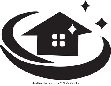 A sleek black and white vector icon featuring a house integrated into a circular frame with two sparkling stars above it.