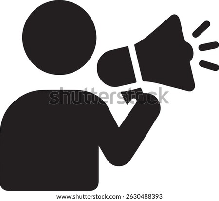 A sleek black and white vector icon depicts a person confidently holding a megaphone, a powerful visual for communication and announcement concepts. 