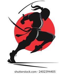 sleek black and white vector illustration of a ninja silhouette from japan with an emphasis on simplicity and dynamic lines.