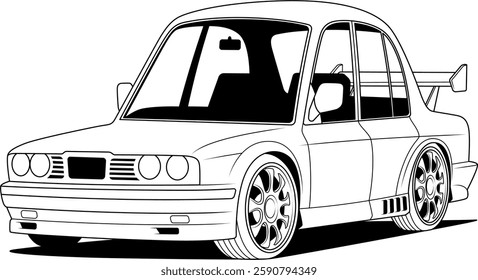 A sleek black and white vector illustration of a sporty sedan car with detailed alloy wheels and a rear spoiler