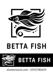 A sleek black and white vector illustration of a Betta fish with flowing fins, designed in a modern and artistic style