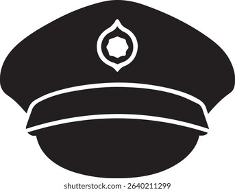 A sleek black and white vector illustration showcases a police officer's hat featuring a detailed badge emblem. 