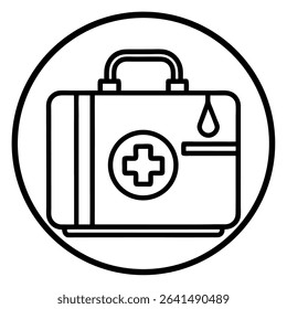 A sleek black and white vector illustration showcases a minimalist first aid kit icon within a circular outline.