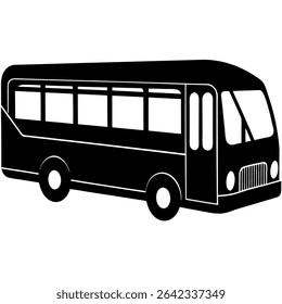 A sleek black and white vector illustration presents a classic school bus, perfectly isolated on a clean white background. 