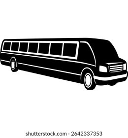 A sleek black and white vector illustration depicts a passenger bus in profile, perfectly isolated on a clean white background.